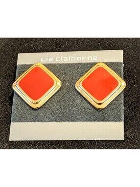 Vintage Liz Claiborne Red Enamel And Gold Tone Metal Pierced Earrings 1 1/8" NOS